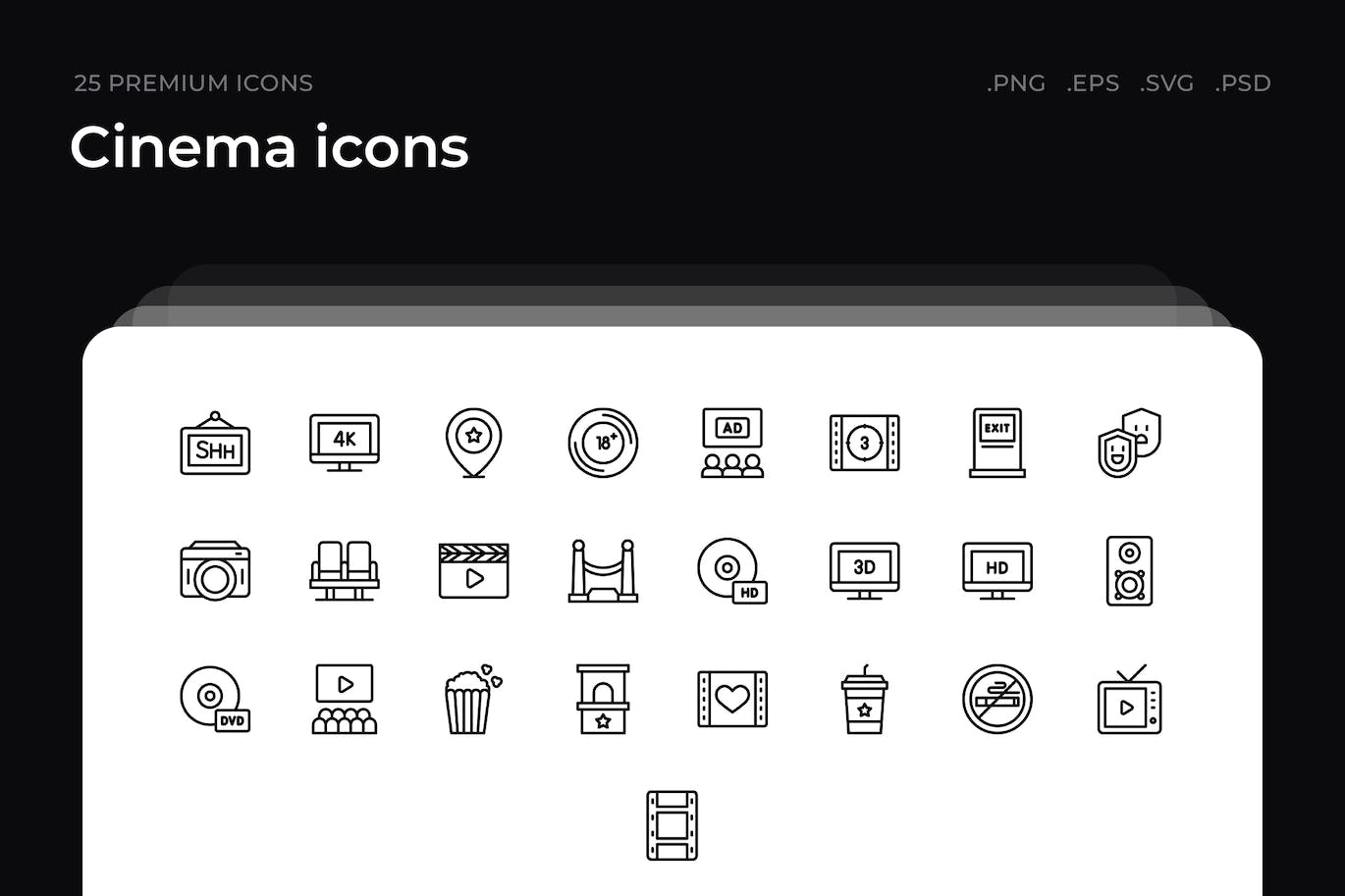 25枚电影院主题简约线条矢量图标 Cinema icons 图标素材 第1张