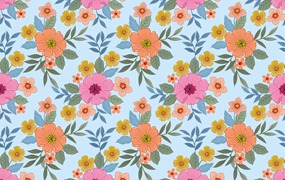 五颜六色花朵绿叶无缝图案素材 Colorful flowers with green leaf seamless pattern.