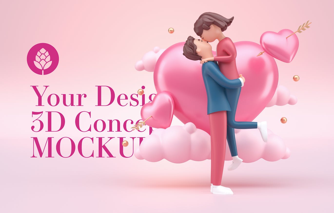 3D元素情人节概念样机图psd素材 Set Valentine’s Day Concept Mockup 样机素材 第2张