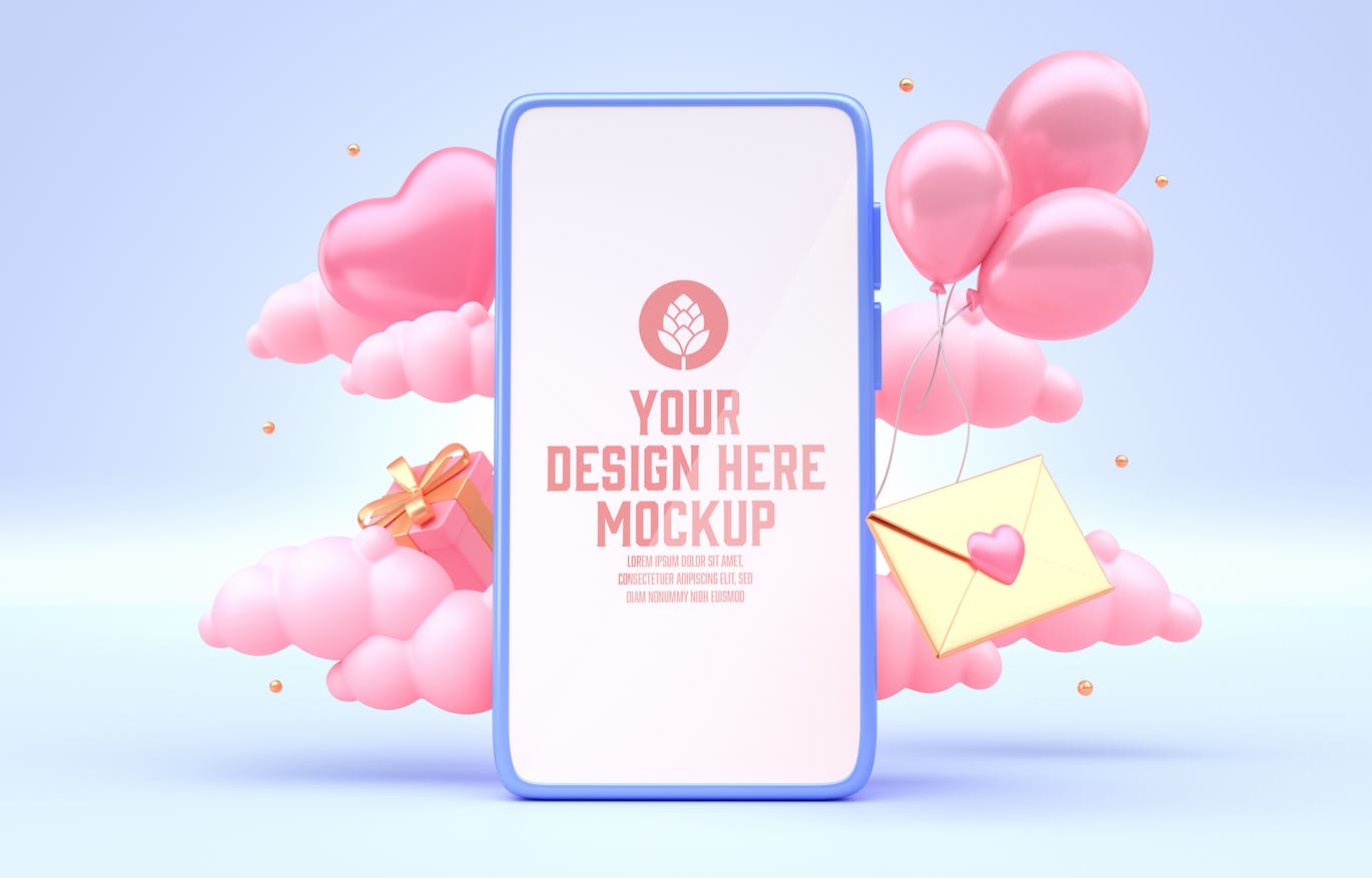 情人节3D装饰手机屏幕样机图psd素材 Set Valentine’s Day Concept with Mobile Mockup 样机素材 第3张