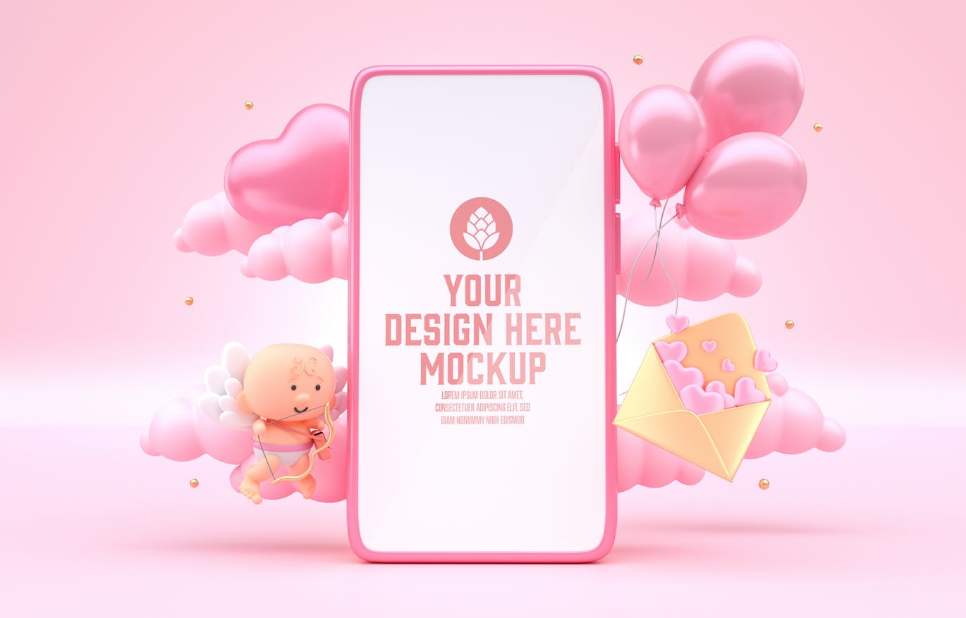 情人节3D装饰手机屏幕样机图psd素材 Set Valentine’s Day Concept with Mobile Mockup 样机素材 第12张