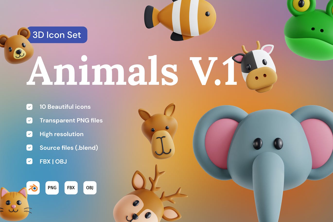 3D动物头像图标集v1 Animals V.1 3D Icon Set 图标素材 第1张