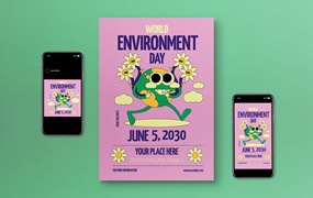 粉红色扁平设计世界环境日海报模板 Pink Flat Design World Environment Day Flyer Set
