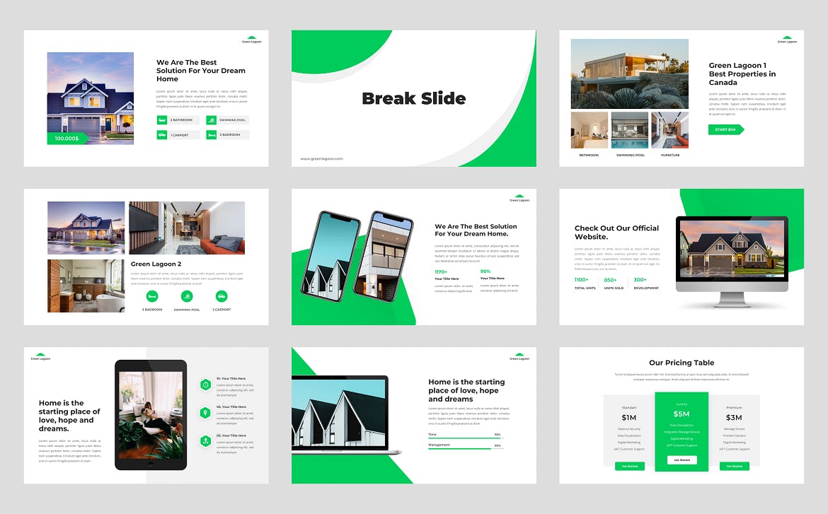 绿色房地产建筑谷歌幻灯片设计模板 Green Lagoon – Real Estate Google Slide Template 幻灯图表 第5张