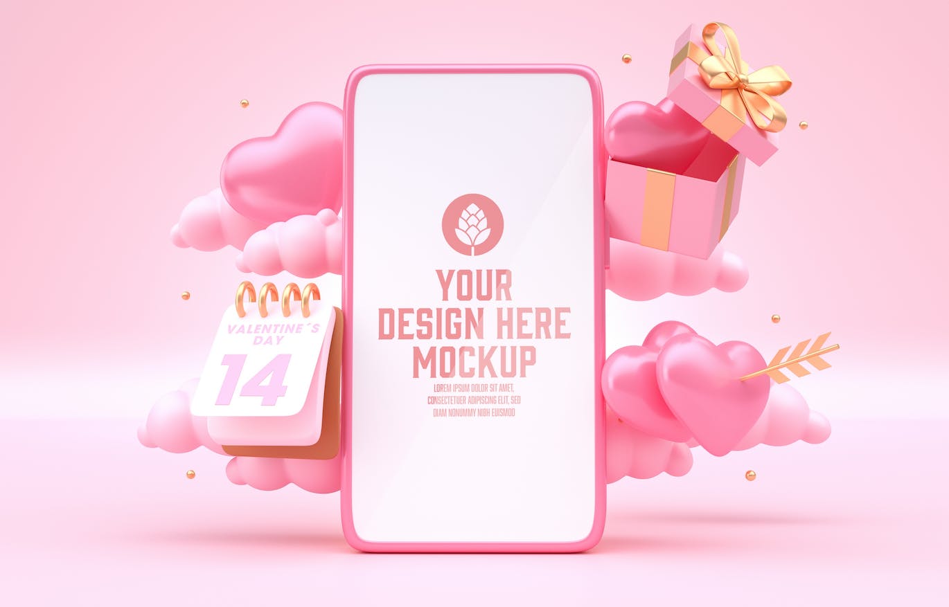 情人节3D装饰手机屏幕样机图psd素材 Set Valentine’s Day Concept with Mobile Mockup 样机素材 第14张