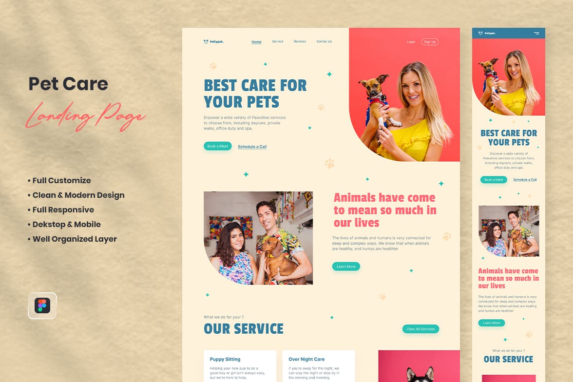 宠物护理网站着陆页设计模板 Pet Care Landing Page – Hellyguk APP UI 第1张