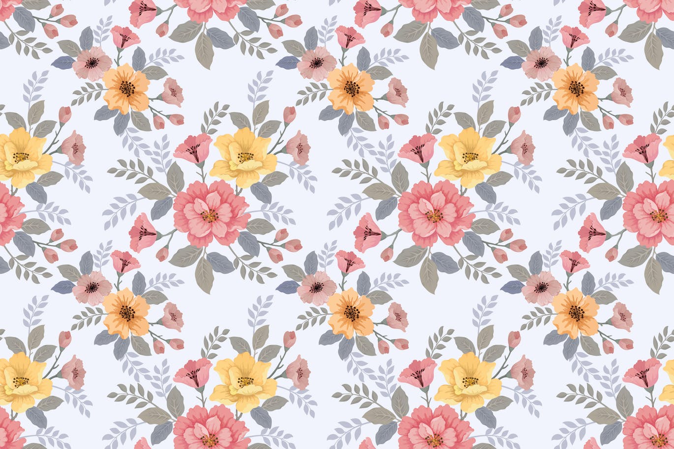 美丽的花朵和叶子无缝图案素材 Beautiful flowers and leaf seamless pattern. 图片素材 第1张