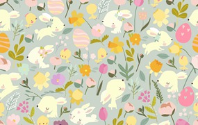 复活节兔子&花卉矢量无缝图案 Vector Seamless Pattern with Funny Easter Rabbits