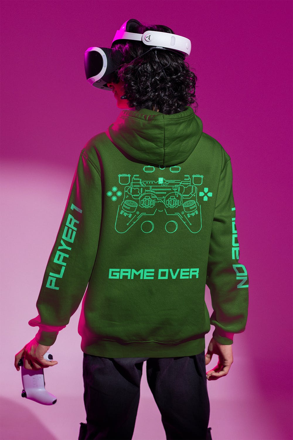 年轻游戏玩家连帽衫背面展示样机图 Back View Hoodie Mockup of a Young Gamer 样机素材 第2张