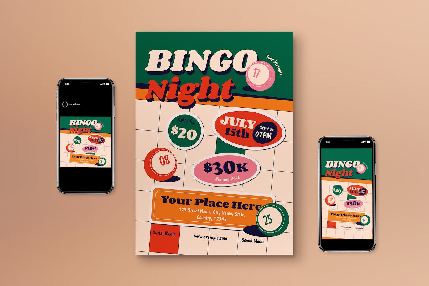 白色平面设计宾果之夜宣传单素材 White Flat Design Bingo Night Flyer Set 设计素材 第1张