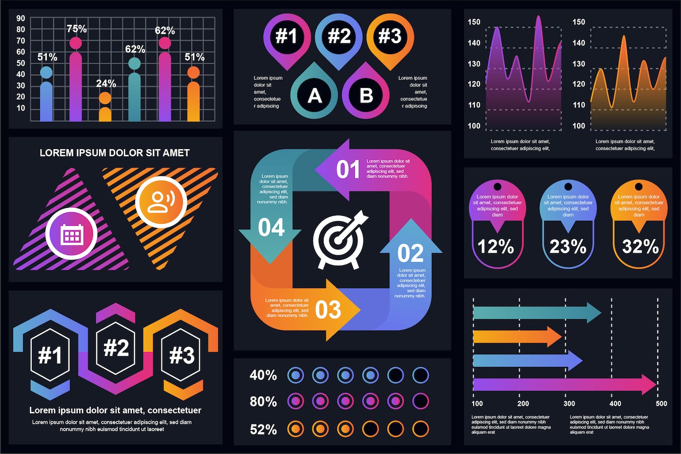 步骤方案信息数据图表设计矢量模板 Set of Infographics 幻灯图表 第1张