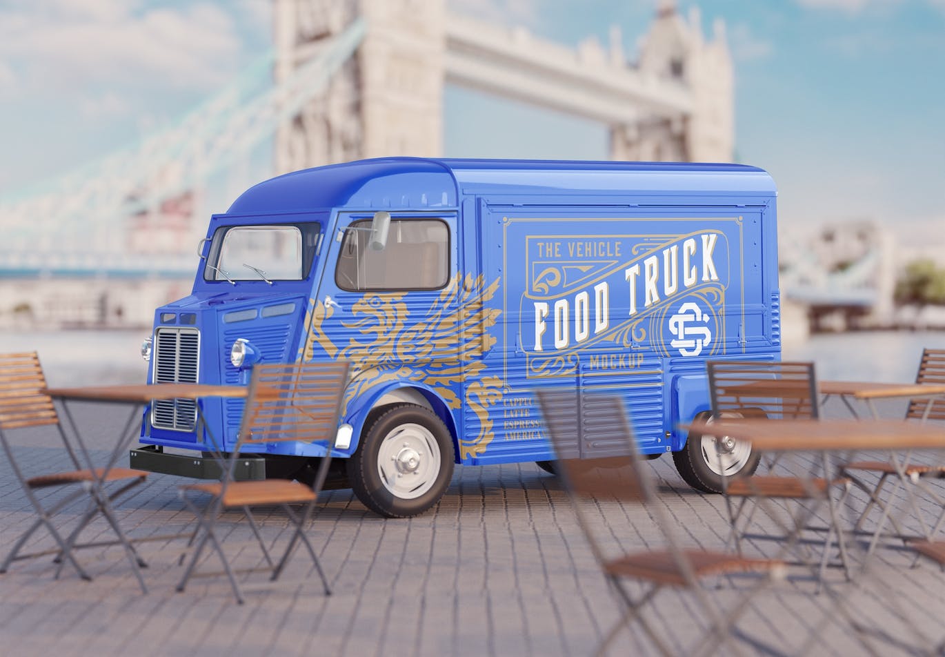 复古餐车广告场景样机图 Set Vintage Food Truck Scene Mockup 样机素材 第4张