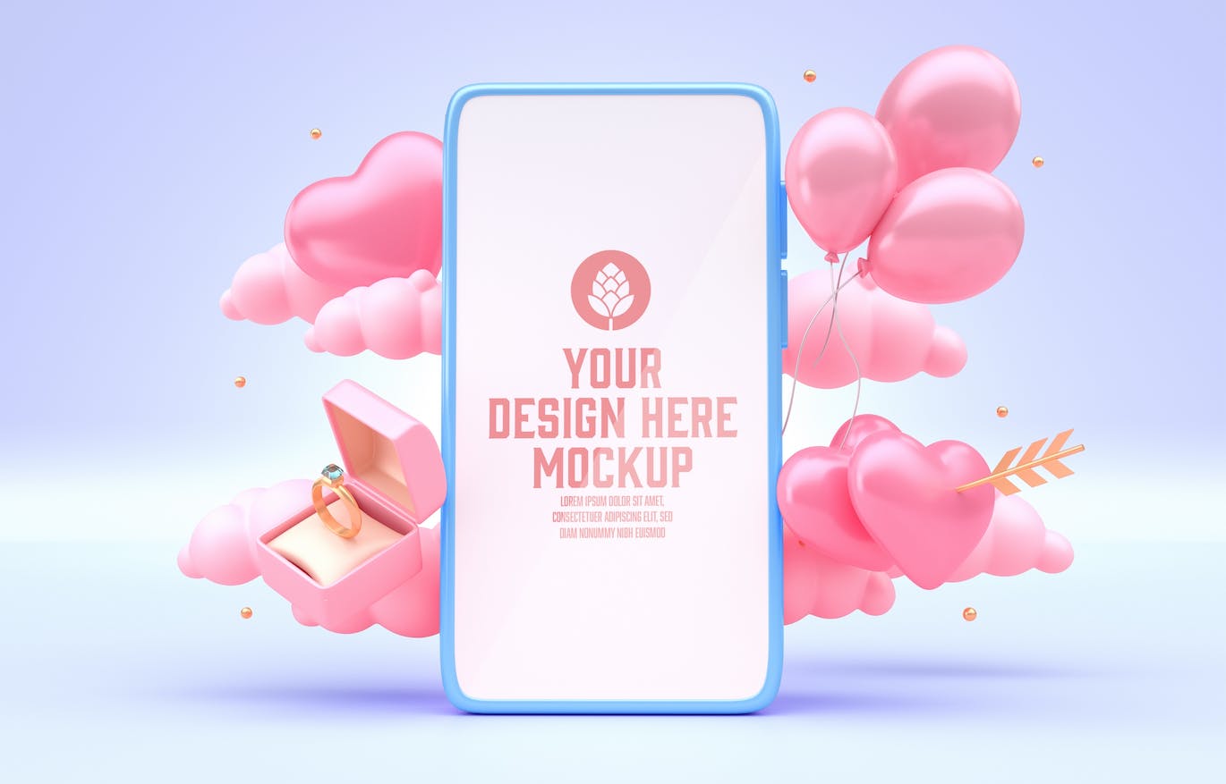 情人节3D装饰手机屏幕样机图psd素材 Set Valentine’s Day Concept with Mobile Mockup 样机素材 第4张