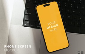 电脑键盘背景iPhone 14 Pro手机样机图 iPhone 14 Pro Screen Mockup Laying on the Laptop