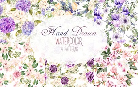 手绘彩色花卉水彩图案素材 Hand Drawn Watercolor 15 Patterns