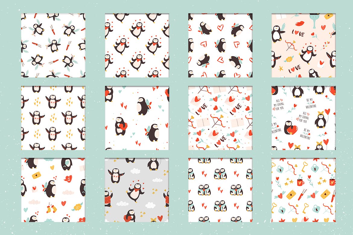 情人节主题无缝企鹅图案 Valentine’s Seamless Patterns with Penguins 图片素材 第2张