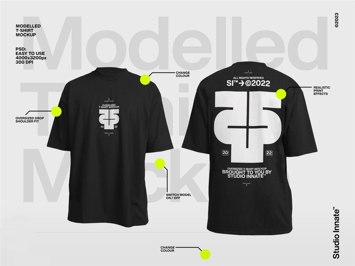 Studio Innate 高级工艺街头服饰品牌展示大码T恤PSD样机模板 Oversized Modelled T-Shirt Mockup 样机素材 第1张