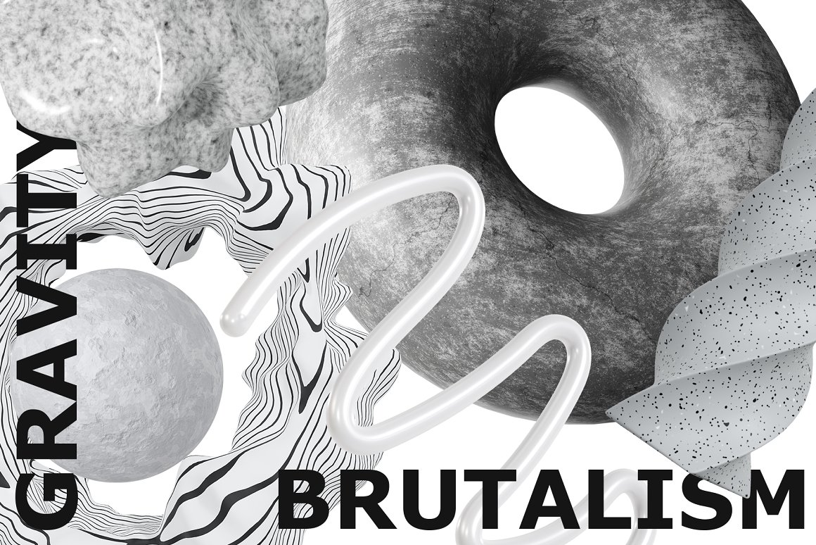 80个野兽派黑白3D几何雕塑粗野摇滚形状设计素材包 Concrete Brutal 3D Shapes graphics . 第4张