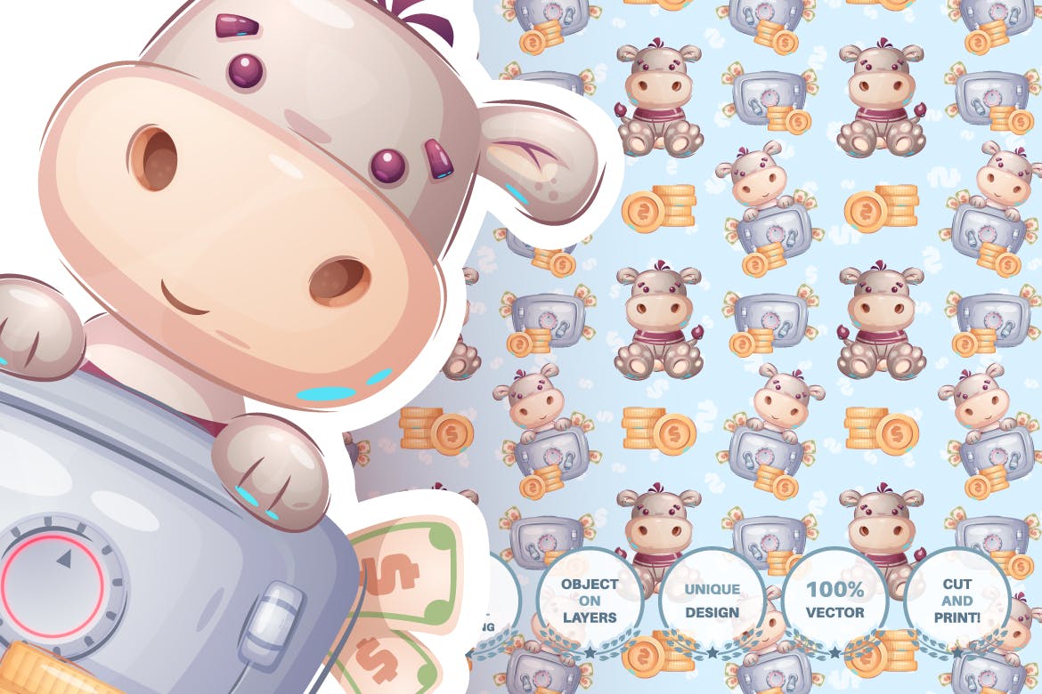 可爱河马无缝图案背景素材 Hippo with money – seamless pattern 图片素材 第2张