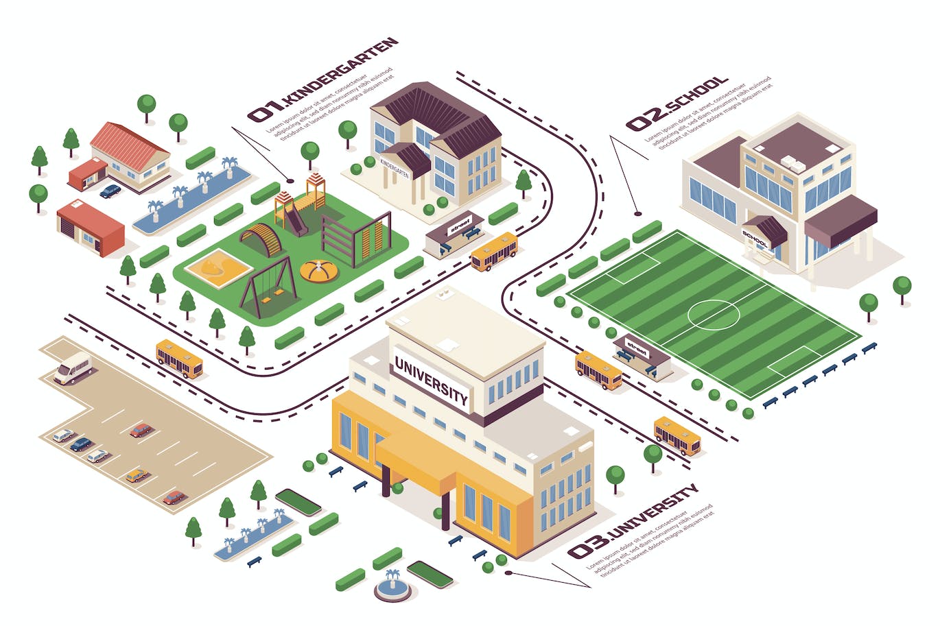 学校学习概念3D等距基建场景矢量插画 School Learning Isometric Infographic 设计素材 第1张