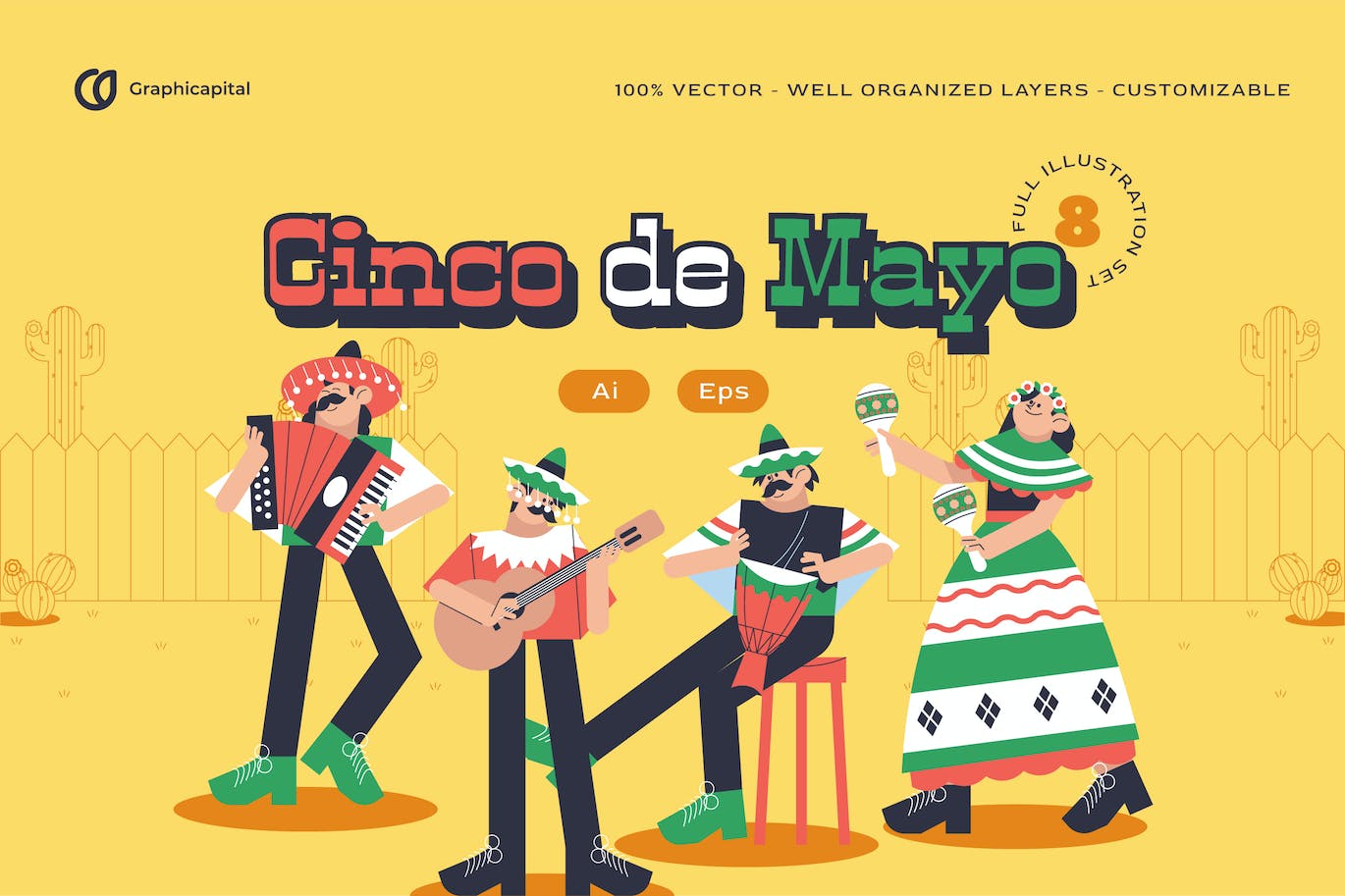 平面设计五月五日节人物矢量插画集 Pink Flat Design Cinco De Mayo Illustration Set 设计素材 第1张