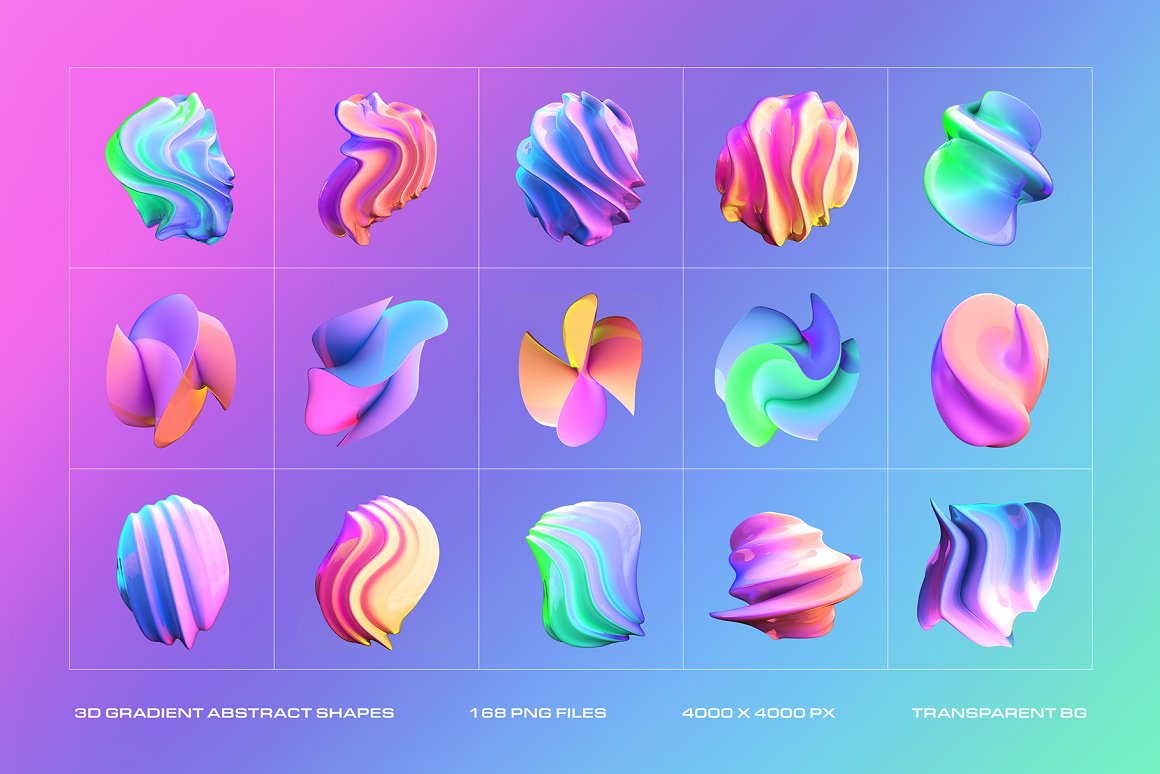 168个超现实扭曲渐变全息抽象艺术多彩3D立体免抠PNG素材 3D Gradient Abstract Shapes 图片素材 第3张