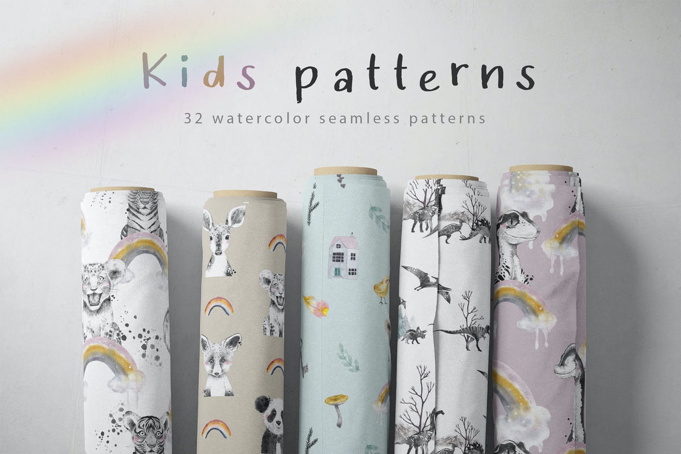 水彩动物儿童手绘图案 Watercolor kids patterns 图片素材 第1张