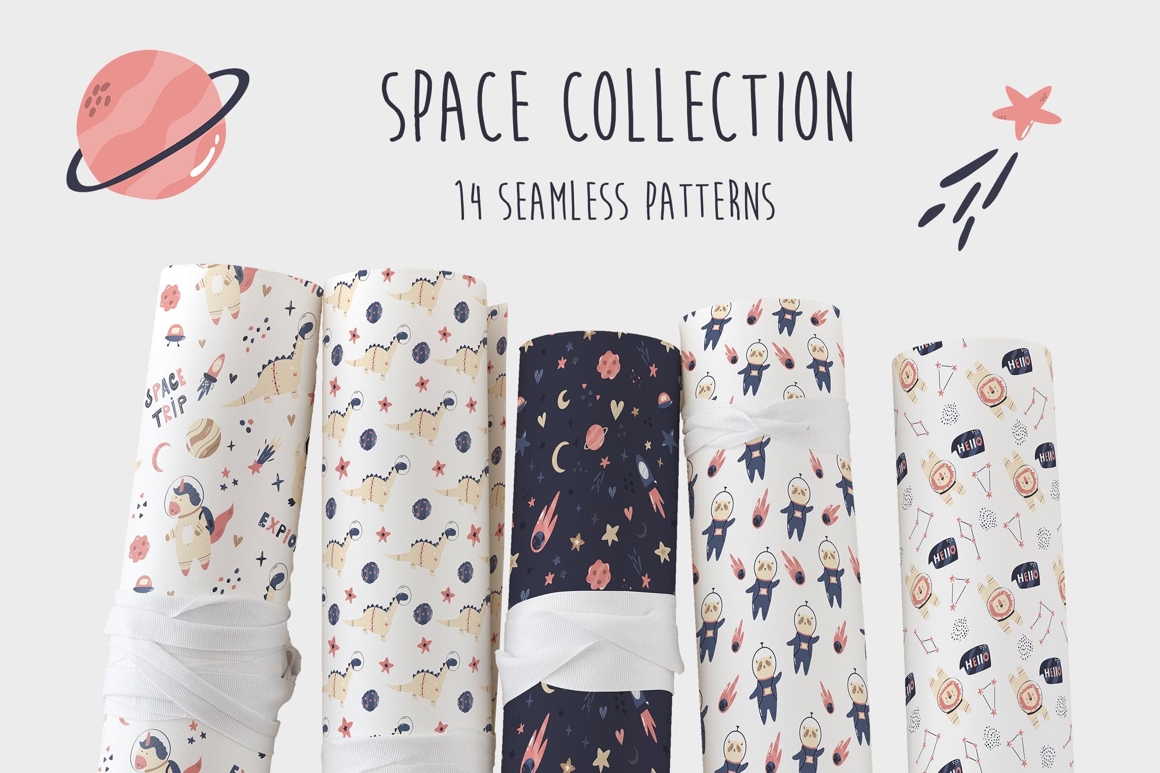 可爱的宇宙元素无缝图案集 Cute Cosmic Set of Seamless Patterns 图片素材 第1张