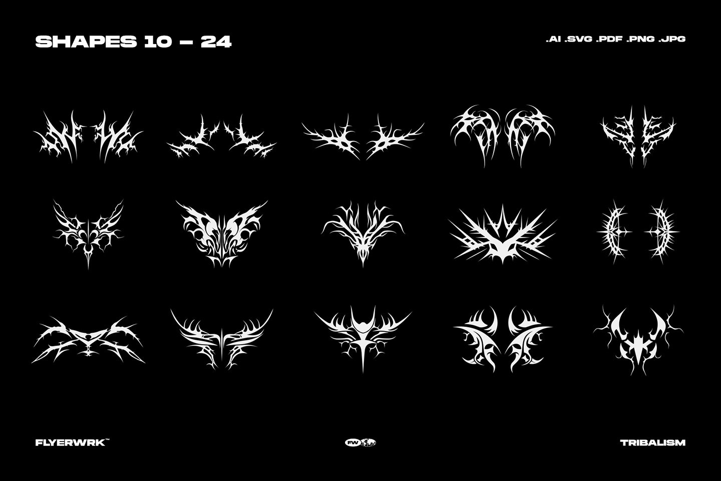 FLYERWRK 嘻哈潮流酸性小众镀铬镭射潮牌服饰图腾纹身艺术抽象图形素材合集 Tribalism Vector Shapes . 第11张