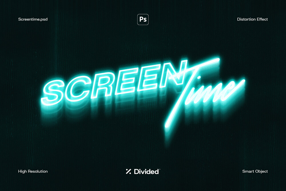 Divided 荧光屏幕时间发光二极管效果霓虹文字失真图层样式PSD样机模板 Screentime 样机素材 第1张