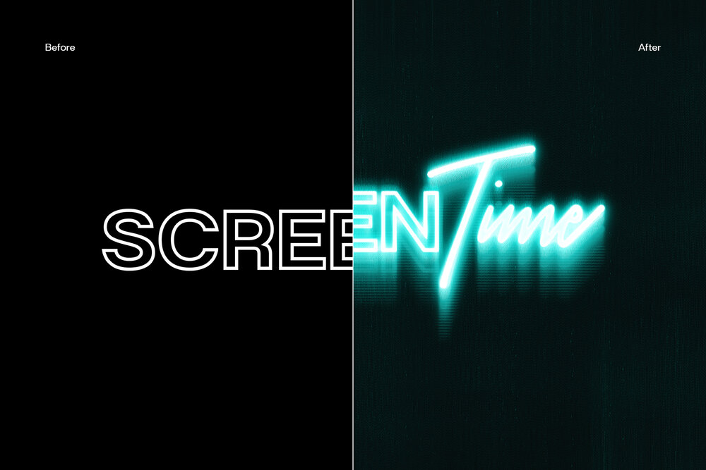 Divided 荧光屏幕时间发光二极管效果霓虹文字失真图层样式PSD样机模板 Screentime 样机素材 第2张