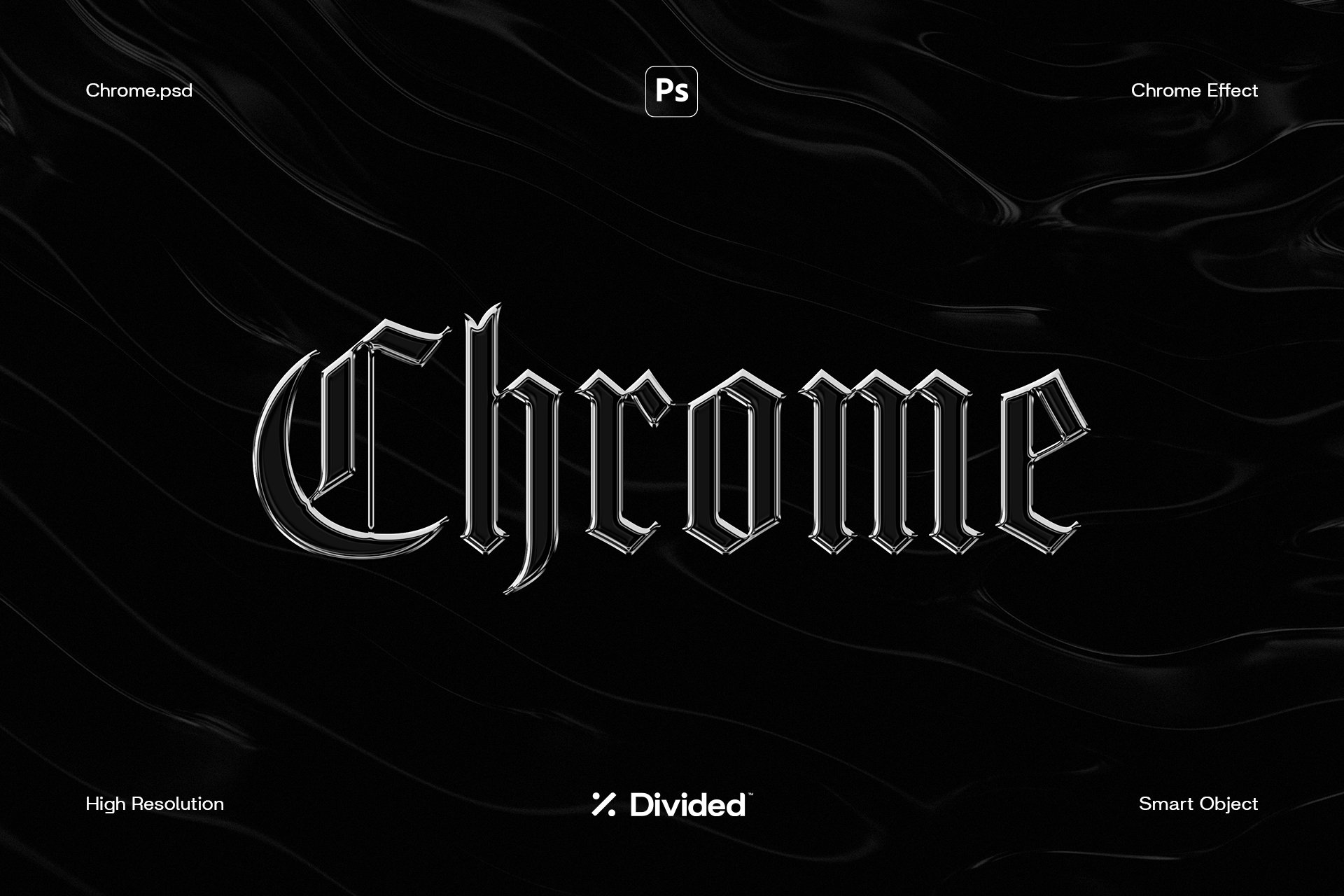 Divided 酸性金属镀铬文字失真图层样式PSD样机模板 Chrome 样机素材 第1张