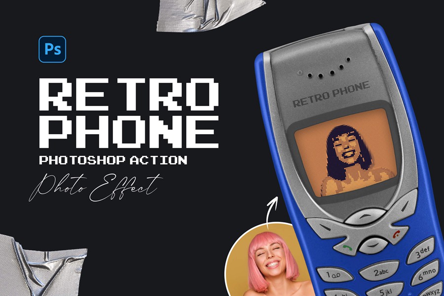 复古像素风LOGO头像艺术诺基亚旧手机绿橙蓝网格叠加效果PS动作 Retro Phone Photoshop Action 插件预设 第1张