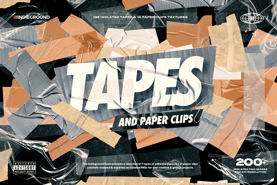 高级复古美学艺术感手工胶带回形针扫描撕纸PNG纹理包 Indieground Tapes & Paper Clips 图片素材 第1张