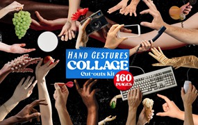 162个高品质复古手工拼贴剪纸不同手势PNG镂空素材 Hand Gestures Collage Cut-Outs Kit