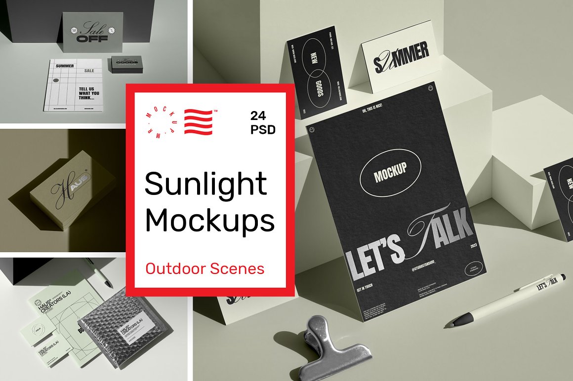 Sunlight Branding Mockups 24款质感名片信纸徽章折页文具品牌VI应用设计作品贴图ps样机素材 . 第1张