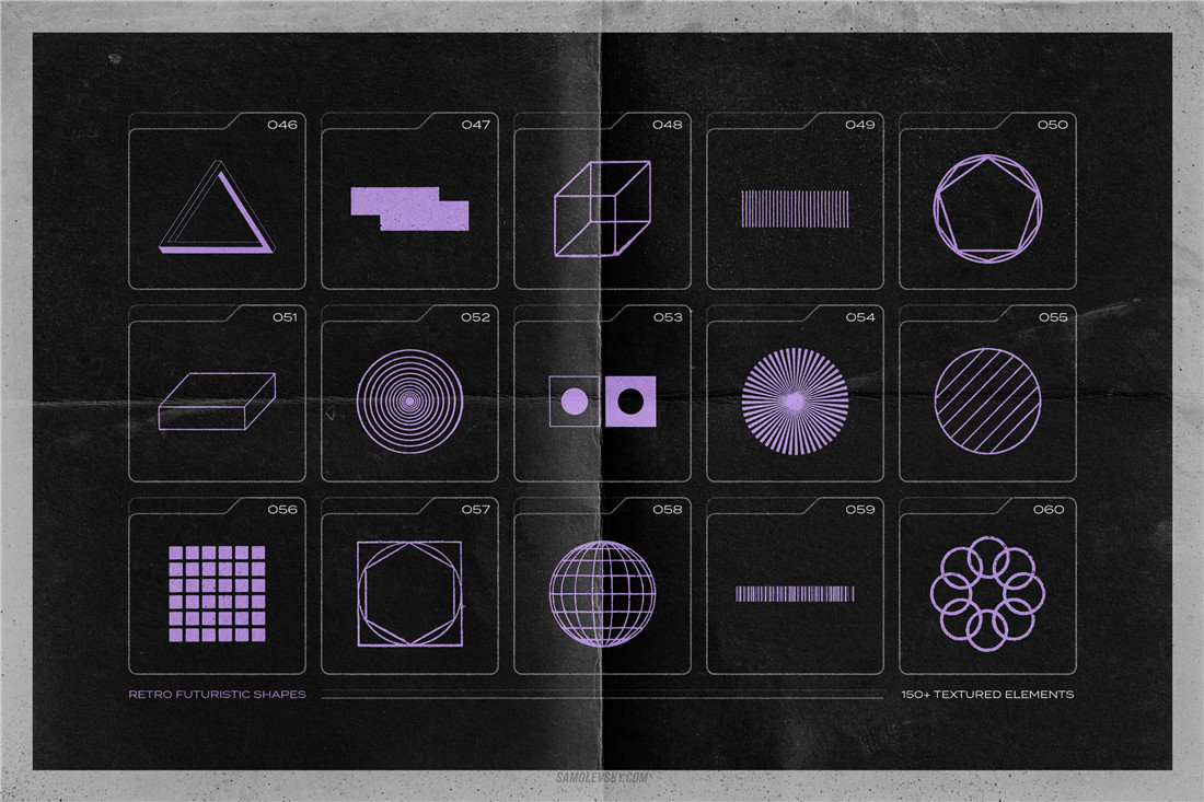 150多种复古仿旧野蛮主义赛博朋克酸性图形几何矢量设计元素纹理形状包 Samolevsky 150 Retro-futuristic textured shapes 图片素材 第12张