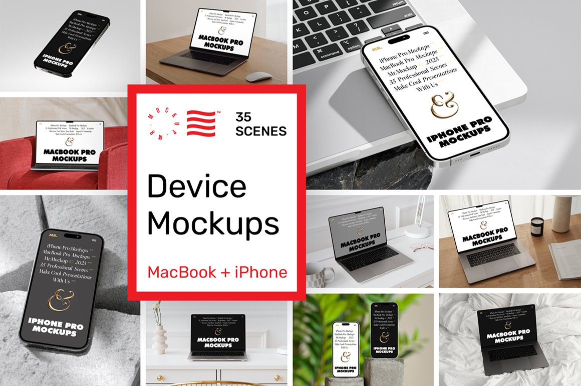 35款高级苹果iPhone 15 Pro手机MacBook笔记本电脑屏幕演示PSD样机模板 Device Mockups – iPhone and MacBook . 第1张