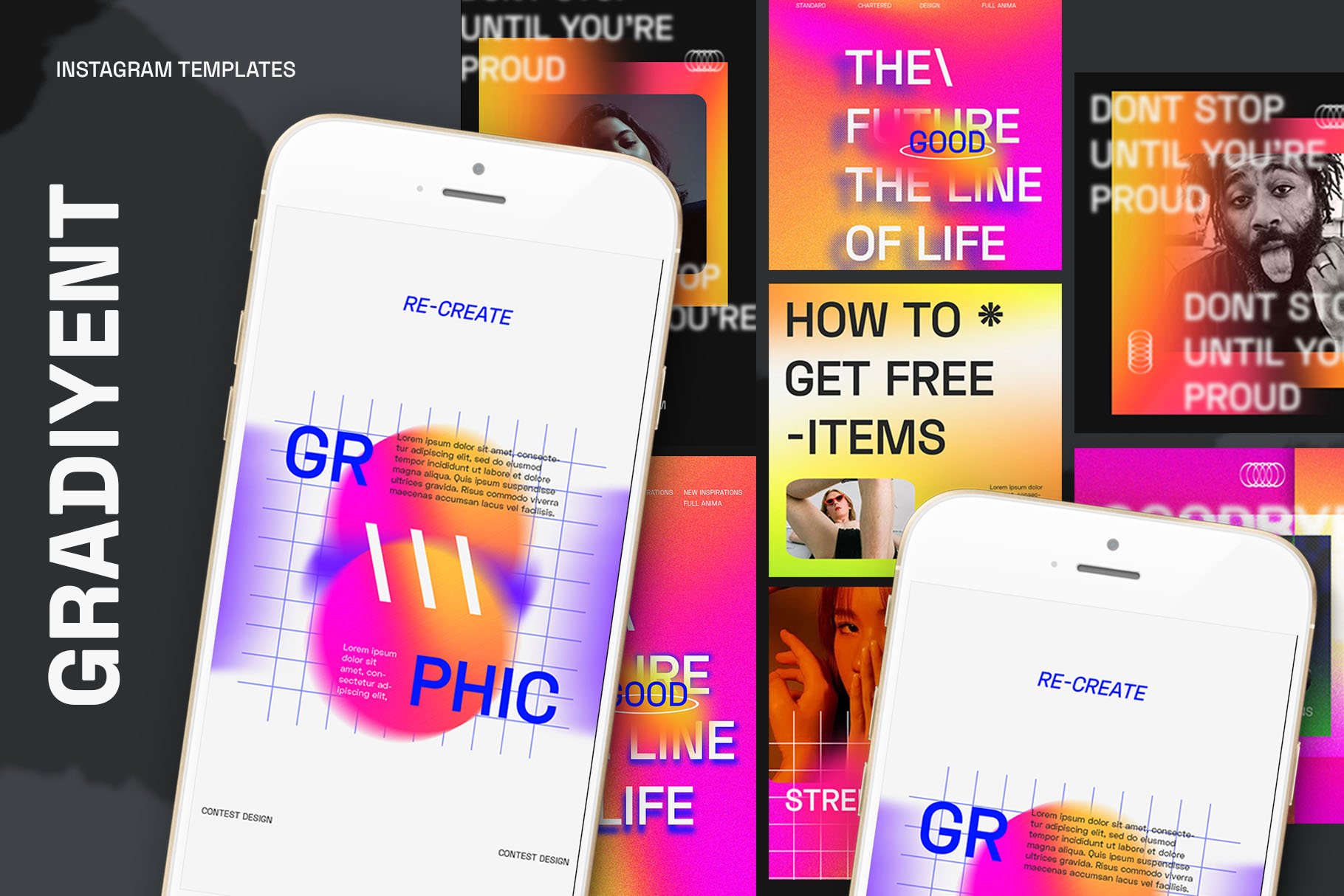 新潮高级渐变颗粒感ins风竖屏文字PSD模板 Gradiyent Instagram Templates 幻灯图表 第1张