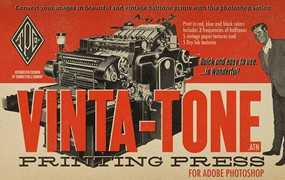 复古报纸杂志书籍半色调印刷黑色红色和蓝色Photoshp动作和纹理 Vinta-Tone Printing Press Action