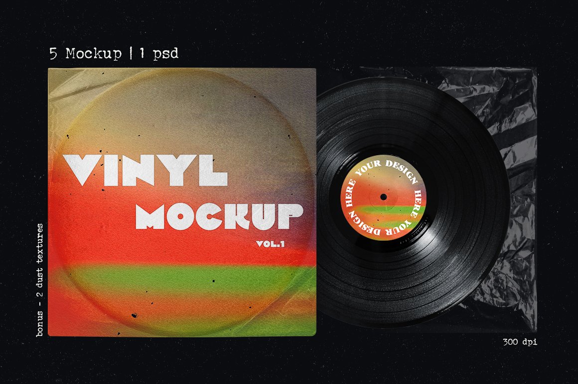 复古风格黑胶唱片模型海报传单社交媒体图形包装样机 Vinyl record retro mockup , 第1张