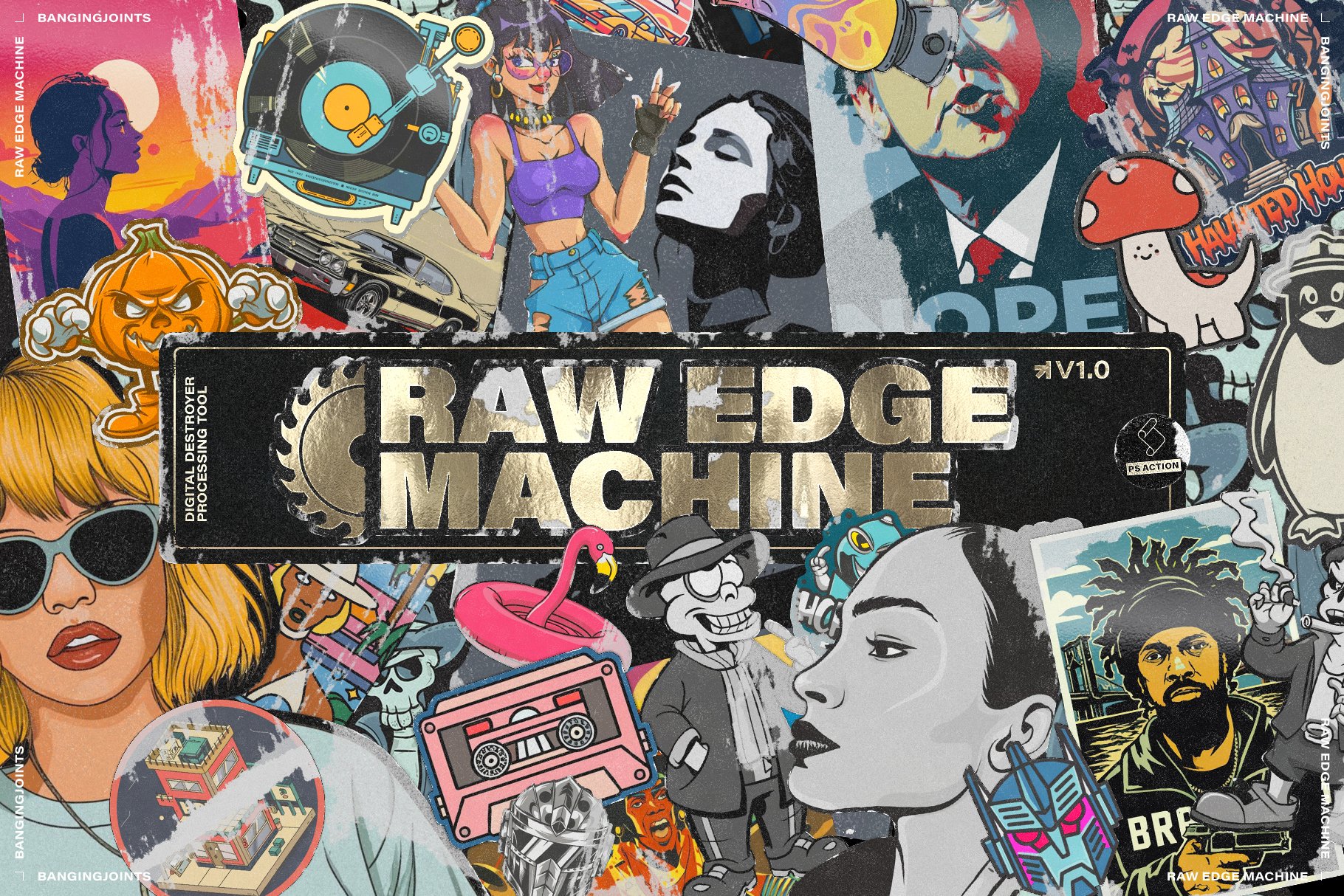 复古街头文化氛围粗糙磨损撕破贴纸肮脏艺术品海报生成PS动作 Raw Edge Sticker Poster Machine , 第1张