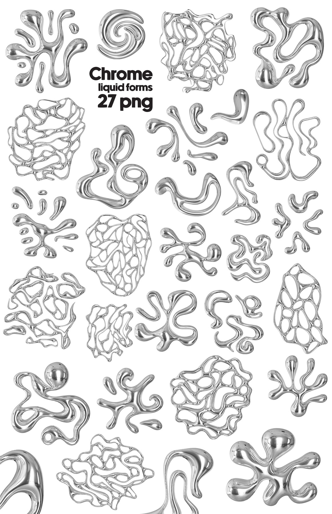 200多款未来超现实主义3D立体金属镀铬Y2K复古风抽象艺术图形PNG免抠图设计素材 Chrome 3D Design Collection , 第9张