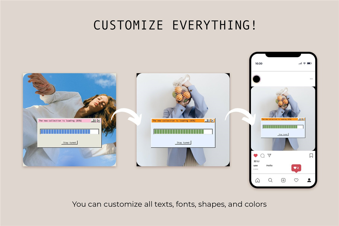 Bonumo 复古美学WIN95旧计算机窗口进度条提示页Instagra风格竖屏PSD样机模板 Retro Instagram Template 样机素材 第7张
