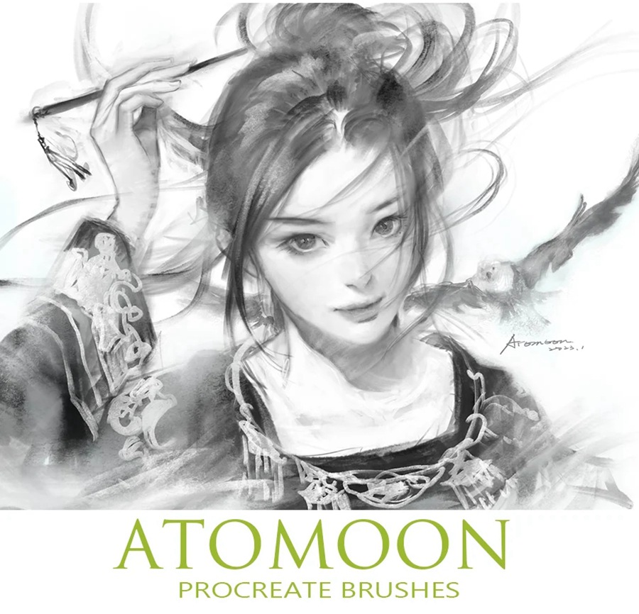 ATOMOON Procreate Brushes 5套漫画线条素描水墨着色木炭粉彩油画水彩手绘 Procreate笔刷套装 笔刷资源 第2张