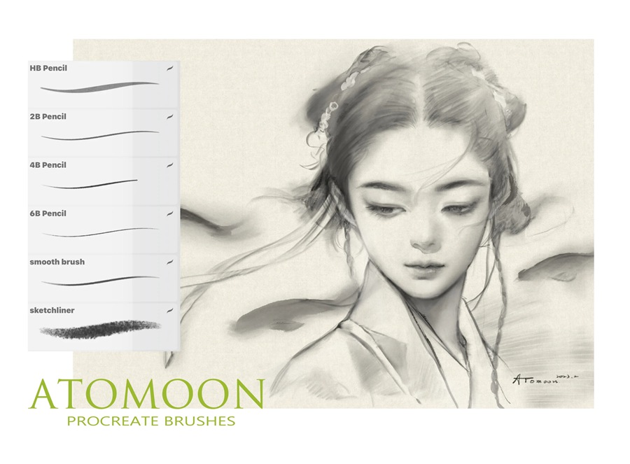 ATOMOON Procreate Brushes 5套漫画线条素描水墨着色木炭粉彩油画水彩手绘 Procreate笔刷套装 笔刷资源 第3张