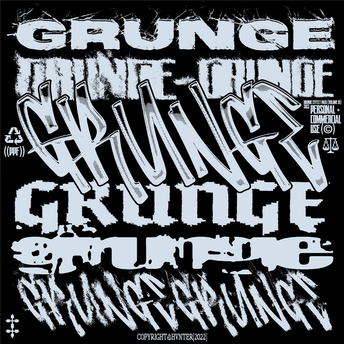 Hvnter 新潮嘻哈半色调涂鸦划痕垃圾文本PSD样机效果包 Grunge Effects 样机素材 第1张