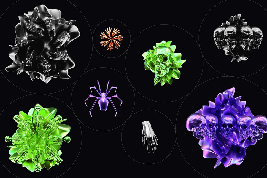 164款3D立体渲染金属镀铬万圣节手掌骷髅头骨蜘蛛多颜色PNG免扣设计元素形状插画套装 3D Halloween Collection , 第6张