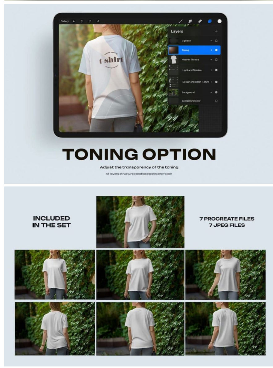 7款时尚逼真女士半袖T恤衫印花图案设计展示贴图效果图Procreate样机模板素材 , 第4张
