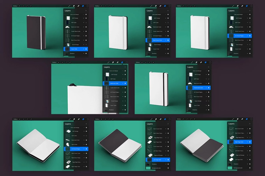 5款时尚办公用品笔记本记事本设计展示贴图效果图iPad Procreate样机模板 5 Mockups of Notebook with Band and Hard Cover for Procreate , 第2张